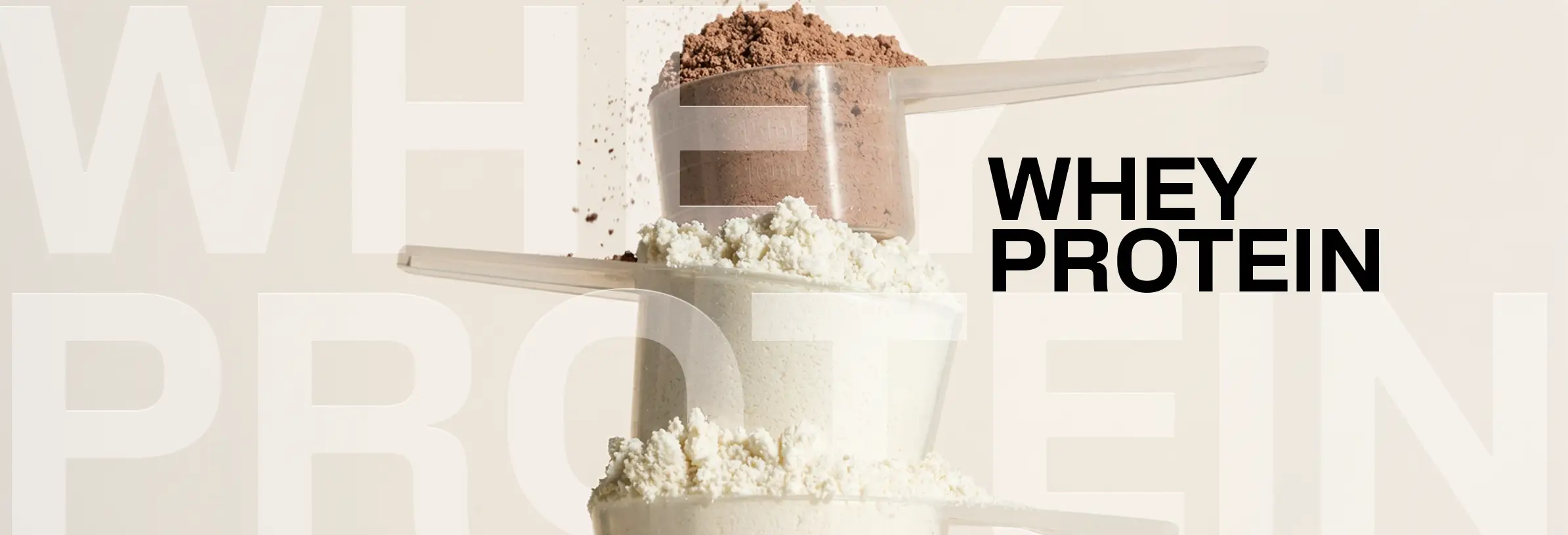 Whey protein hero banner with scoop and powder
