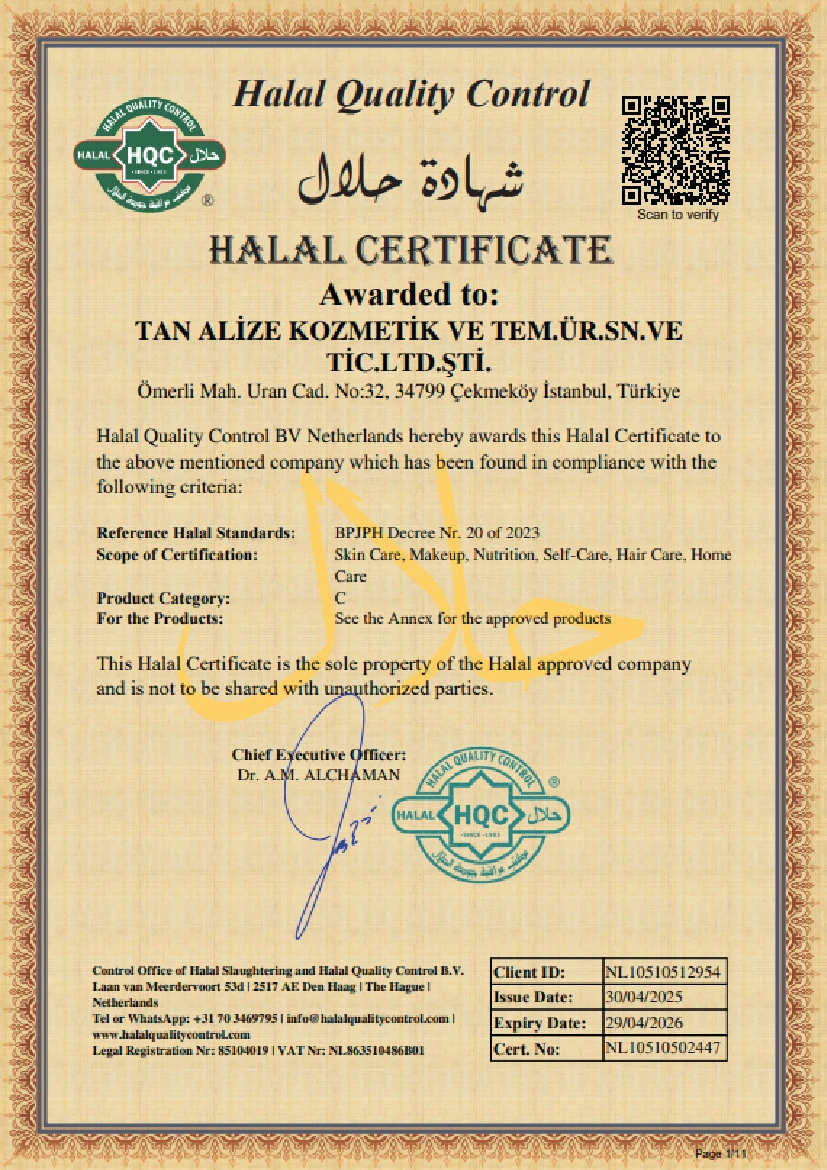 Tan-Alize Farmasi Helal Kozmetik Sertifikası